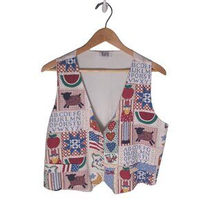 Womens Patchwork Vest Size Medium Cottagecore Novelty Print Folk Art Country